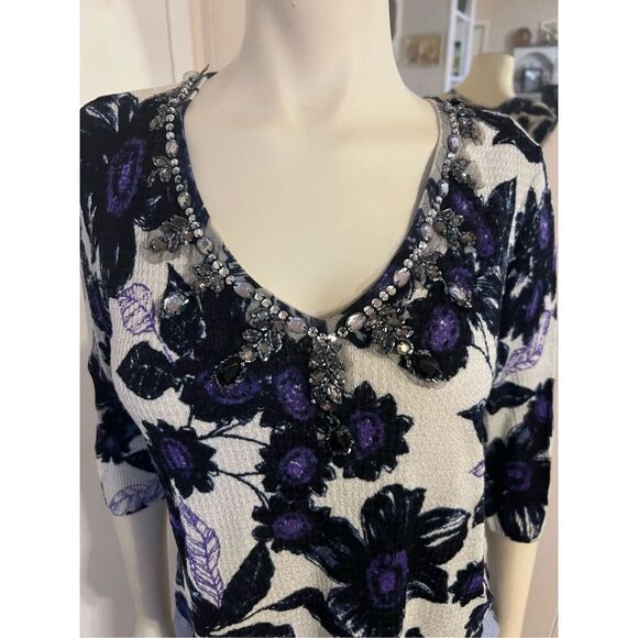 SoCa St. John Wool Blend 3/4 Sleeve V-Neck Beaded Floral Print Lightweight Sweat - Picture 2 of 11